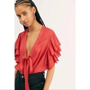 Free People Call Me Later Red Ruffle Sleeve Bodysuit - Size: Small - EUC